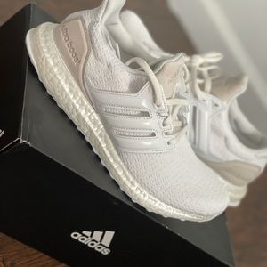 Adidas white ultra boost with suede detailing